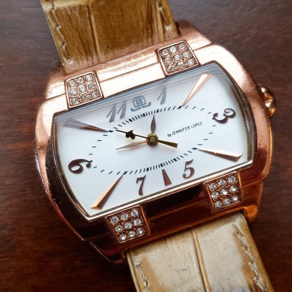 Jennifer Lopez Rose Gold Crystal Accent Rectangle Face Leather Band Womens Watch - Picture 1 of 11